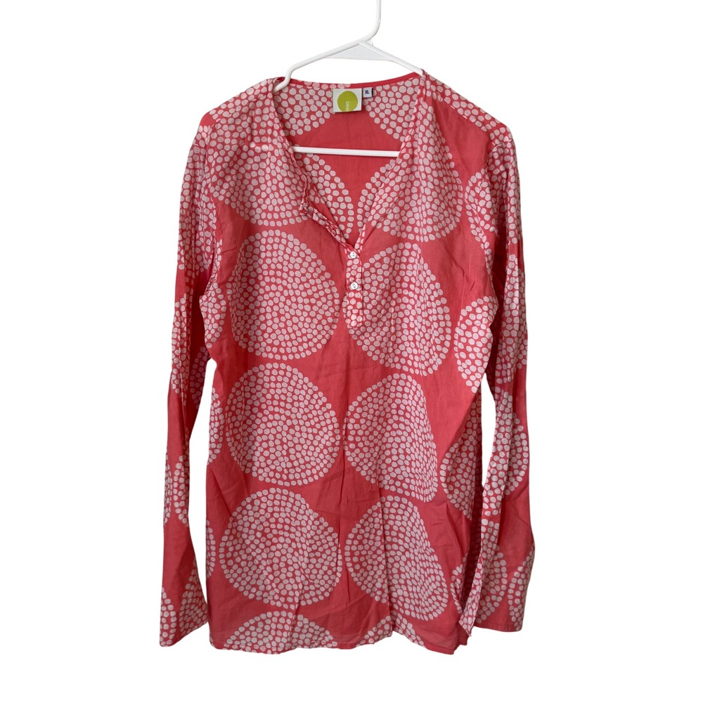 See Women XL Coral Pink White Large Polka Dot Cotton Henley Tunic Long Sleeve